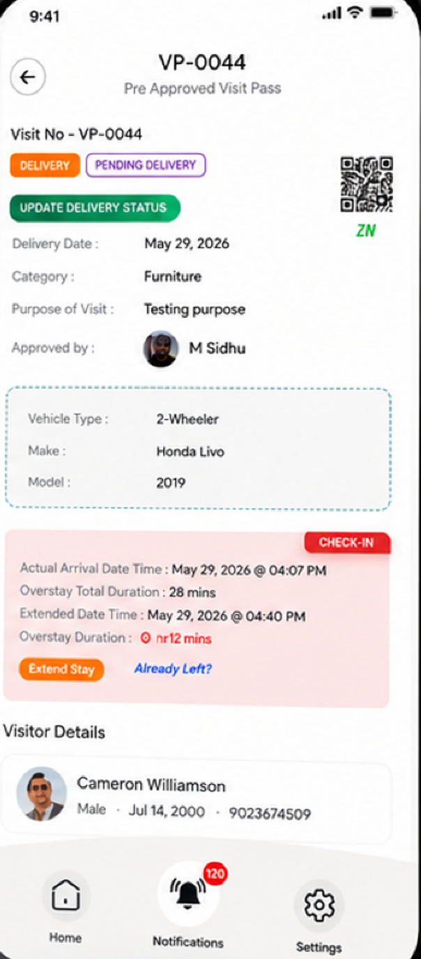Pre-approved visit pass with QR code, approver and check-in record