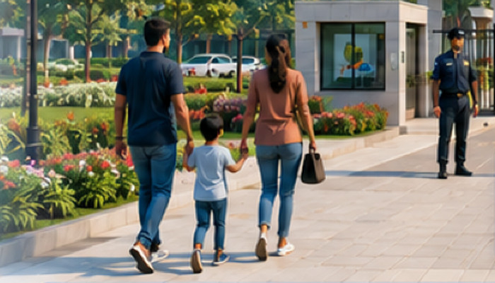 A family walking into their gated community
