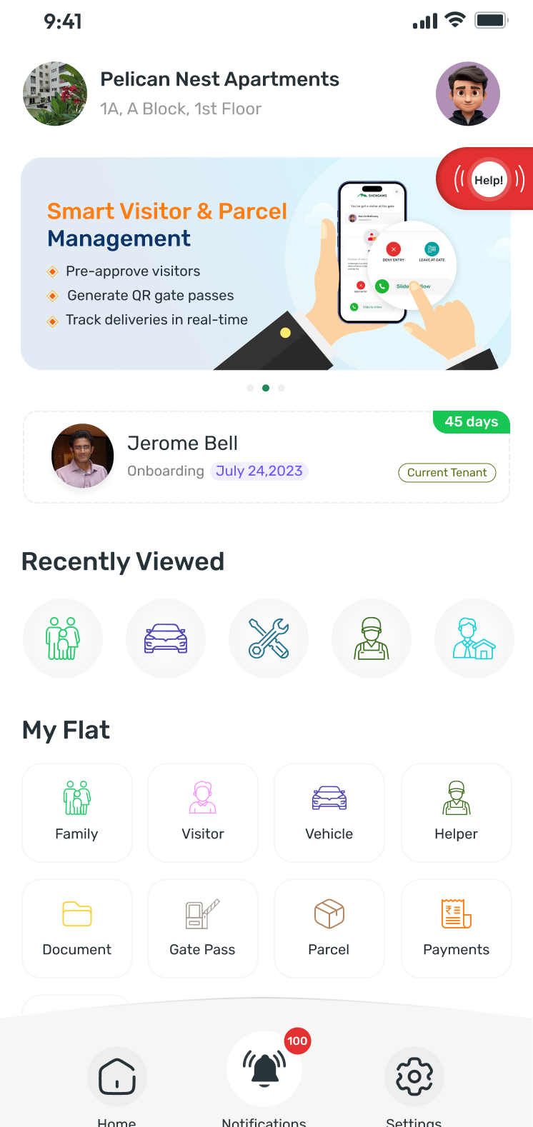Shengams resident app home screen