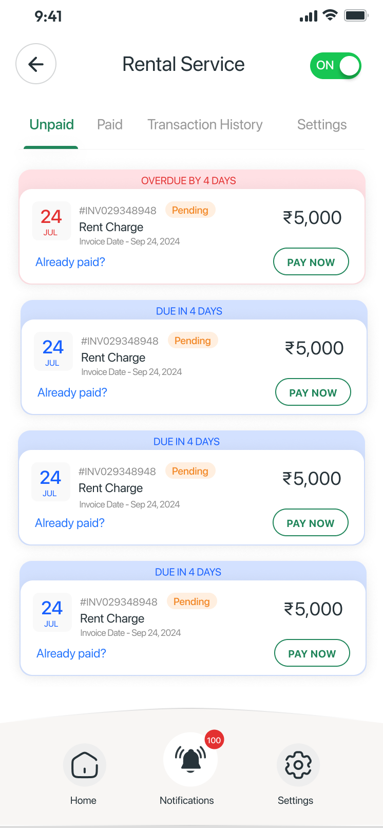 Rental service — unpaid invoices with Pay Now